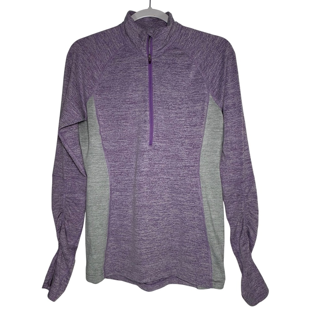 Lucy Womens Purple Space Dye Quarter Zip Pullover Ruched Thumbhole Top Medium